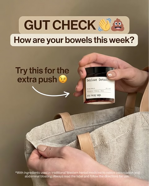 A direct-to-consumer ad creative featuring a product jar being held against a tote bag, utilizing a relatable, question-based hook to address gut discomfort.